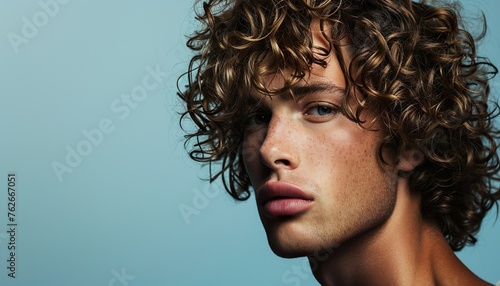 Young Man with Curly Hair and Intense Blue Eyes photo