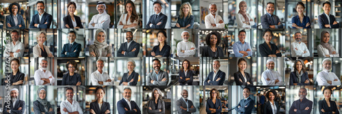 Collage mosaic of photos of businessmen men and women of different races and ages, active business people, banner