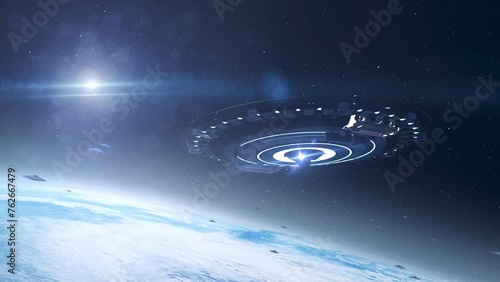 Alien saucer ufo's fleet flying toward mothership above earth

Alien invasion sci-fi concept,4K, 2024
