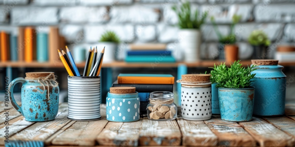 A wooden table holds various jars filled with different items, creating a diverse display A wooden table holds various jars filled with different items, creating a diverse display