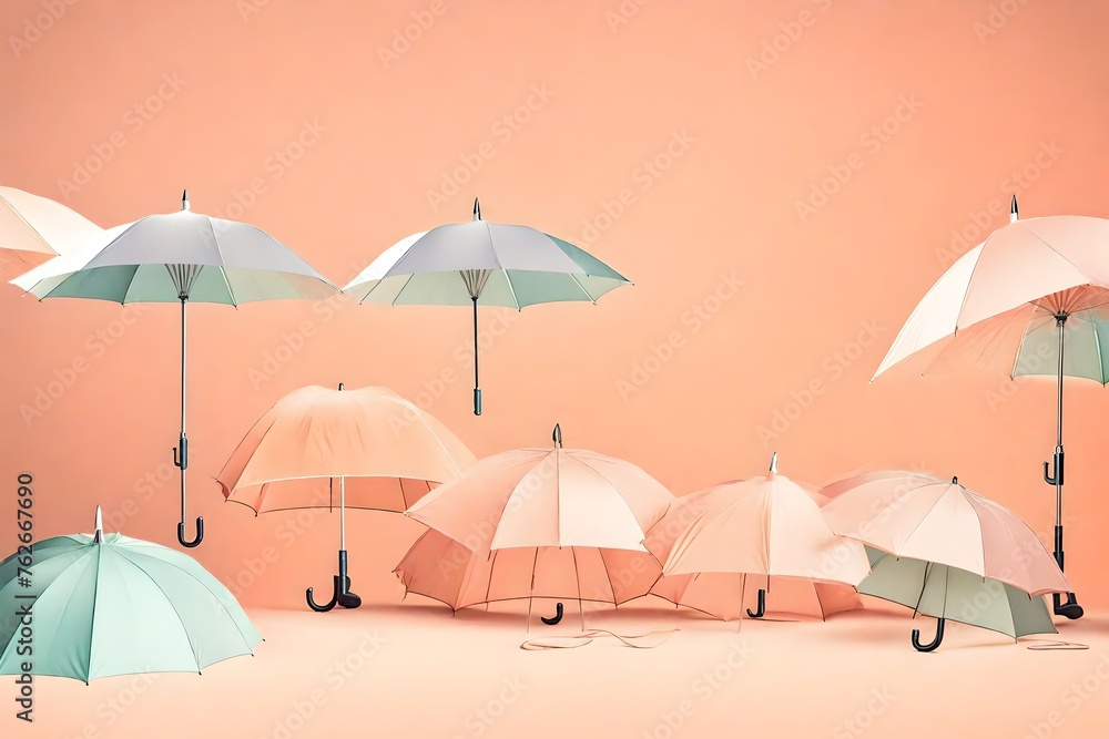 A row of dainty, pastel-colored umbrellas against a soft, pastel peach background with a subtle gradient effect