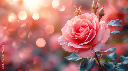 Banner  mockup  beautiful rose flower on a blurred spring sunny background. Soft pink floral background  texture for design  greeting card  copy space.