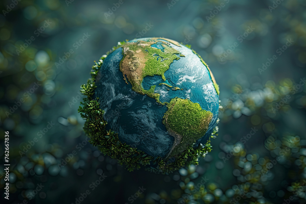Miniature of the planet Earth is surrounded by plants, giving it a natural and peaceful appearance. The concept of Earth Day Miniature of the planet Earth is surrounded by plants, giving it a natural and peaceful appearance. The concept of Earth Day