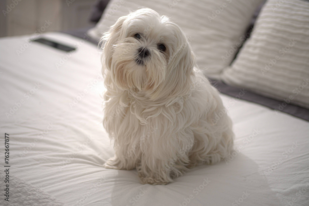 Serene Maltese Dog Lounging on a White Bed Serene Maltese Dog Lounging on a White Bed
