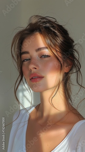 Young woman showcases radiant skin with skincare essentials in midday light, wearing a serene expression