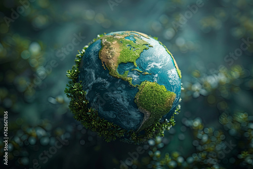 Miniature of the planet Earth is surrounded by plants  giving it a natural and peaceful appearance. The concept of Earth Day