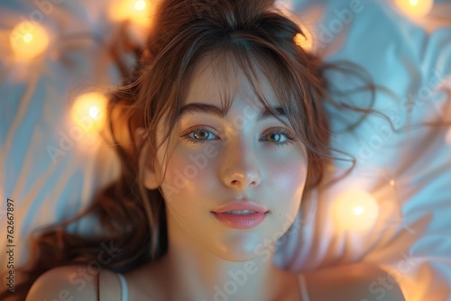 Close-up of a young woman with glowing skin applying moisturizer, her dewy complexion shining, in serene bedroom lighting © Fokasu Art