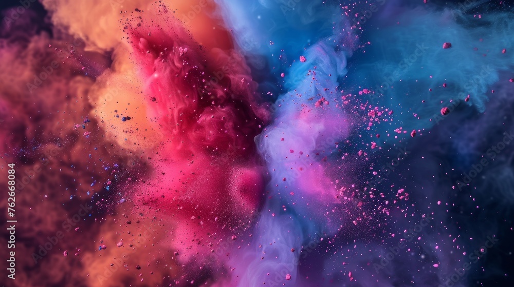 A colorful explosion of confetti with a blue, pink, and orange background