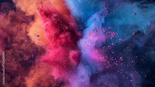 A colorful explosion of confetti with a blue, pink, and orange background