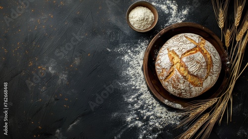 Indulge in the art of baking with a rustic scene featuring freshly baked bread, accompanied by wheat ears and a bowl of flour, atop a dark wooden board