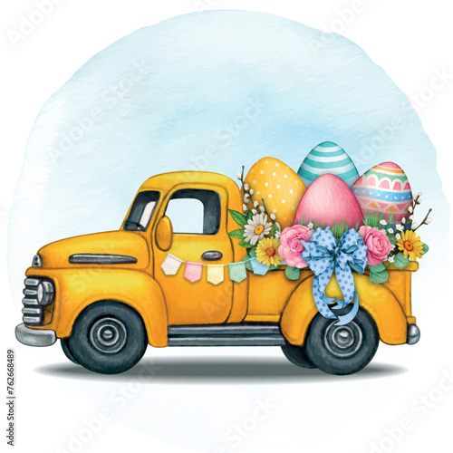 watercolor hand drawn vitage truck with easter eggs