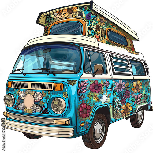 vintage blue hippe van with flowers illustration on a transparent background