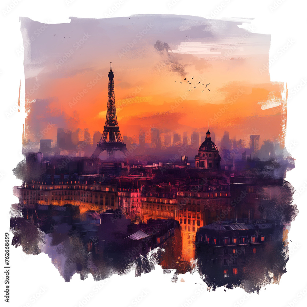 Paris city view with Eiffel Tower at sunset digital illustration in a square on a transparent background - obrazy, fototapety, plakaty 