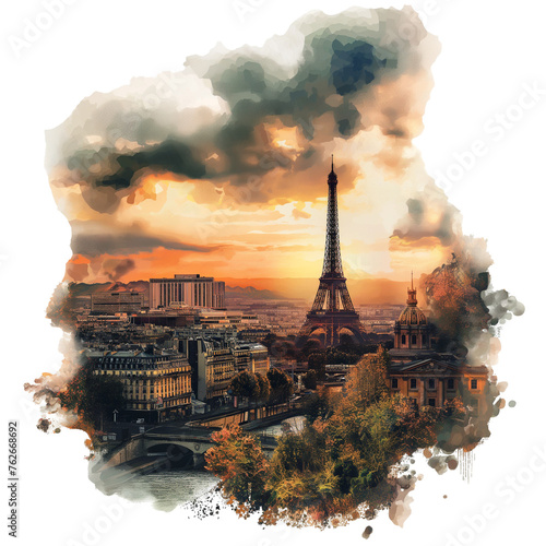 Paris city view with Eiffel Tower in dramatic lighting watercolor illustration on a transparent background