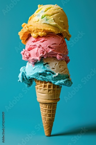 Triple Scoop Treat - A trio of ice cream flavors stacked high in a crisp cone