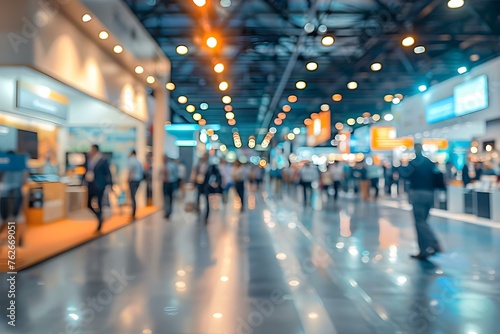Blurred image of a busy trade show with various company booths. Concept Trade Show, Busy Environment, Company Booths, Blurred Image, Crowded Venue © Anastasiia