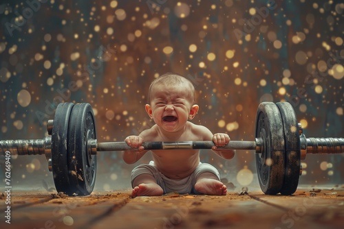 child lifts barbell and sports weights