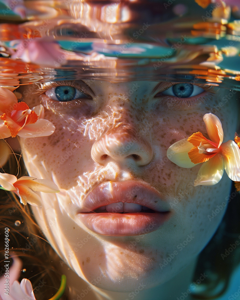 face of a beautiful women with a flowers underwater with eyes wide open, summer concept 