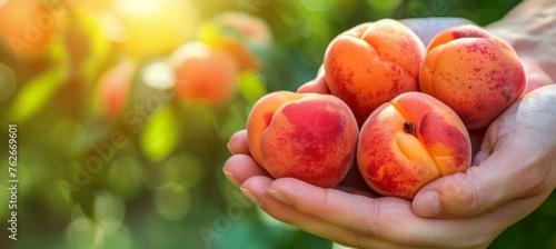 Hand holding ripe apricot  selection of apricots on blurred background with copy space