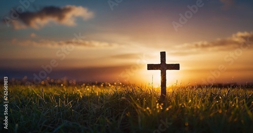 Cross Standing in a Field at Sunset, Embracing Themes of Faith and Renewal