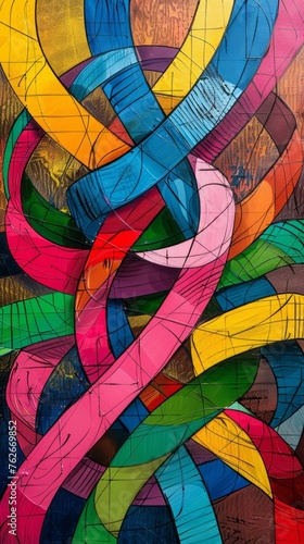 Vibrant knot of intertwined lines, symbolizing complexity and connection in a colorful abstract design.