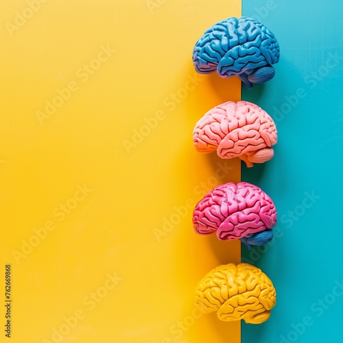 Six colorful brain models aligned on a split yellow and blue background, symbolizing neurodiversity