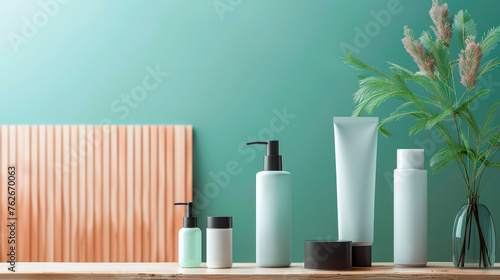 Cosmetic products display on wooden surface against teal background with pampas grass decor.