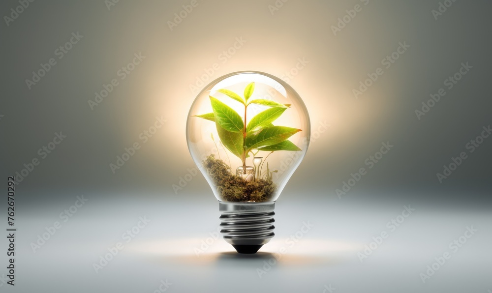 Light bulb and fresh green leaves. Renewable energy and sustainable living concept Light bulb and fresh green leaves. Renewable energy and sustainable living concept