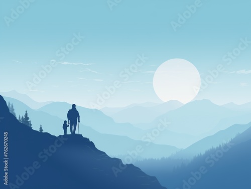 Silhouetted father and child standing atop a hill, overlooking misty mountain ranges under a large, pale moon