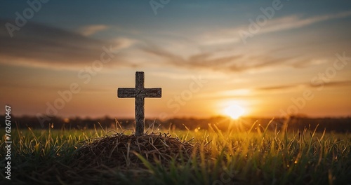 Cross Standing in a Field at Sunset, Embracing Themes of Faith and Renewal © azait24