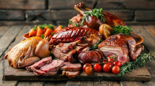 featuring a meaty spread of pork, beef, turkey, and chicken on a wooden table, devoid of any vegetables, offering a carnivorous feast