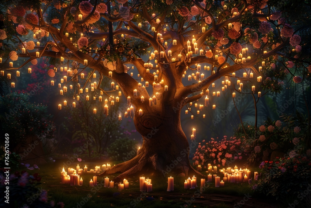 At the heart of a lush, vibrant garden, a magnificent tree bursts into bloom, its branches ablaze with the soft glow of countless candles. - obrazy, fototapety, plakaty 