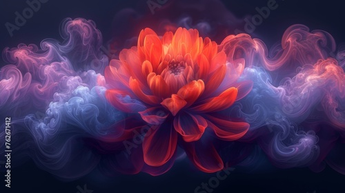  An orange flower with purple hues on a black background, surrounded by smoke