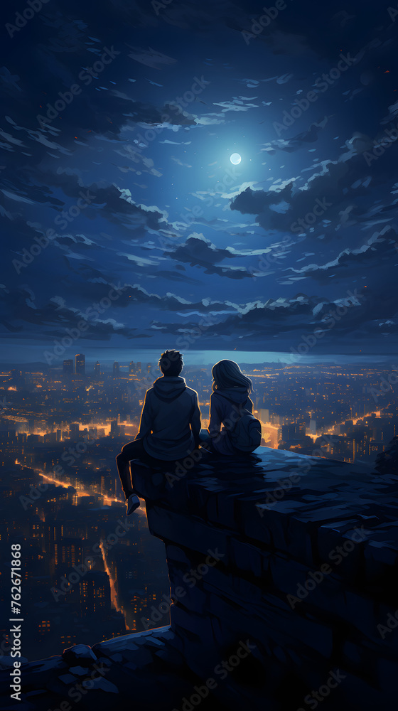 two friends sitting way up watching the night city lights