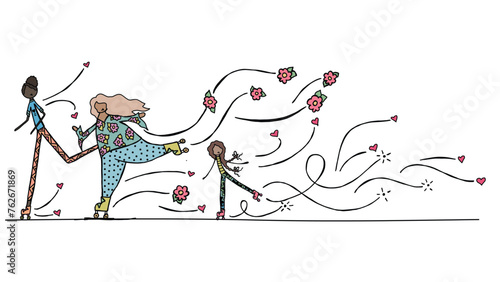 Three Women Rollerskating Together