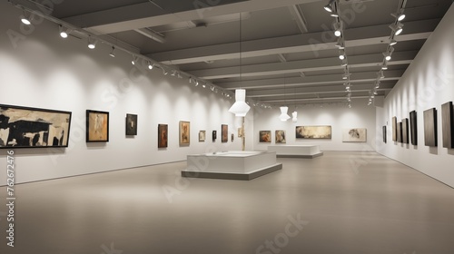 Art museum gallery spaces with white walls and charcoal gray specialty lighting. photo