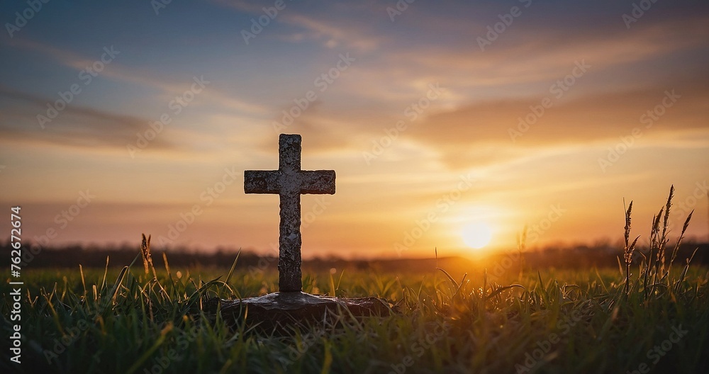 cross standing at sunrise summer vibes with religious faith 