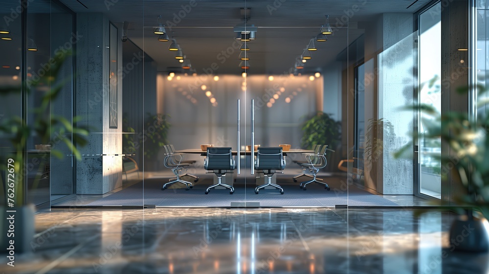 Modern conference room interior with glass walls, panoramic windows and city view. Blurred office background, business background, out of focus - obrazy, fototapety, plakaty 