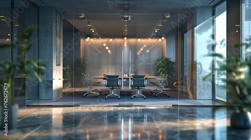 Modern conference room interior with glass walls, panoramic windows and city view. Blurred office background, business background, out of focus