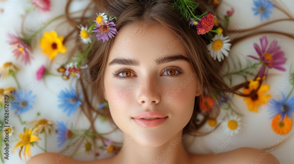 A lady adorned with floral locks reclines on a bed of daisies, while daisy petals grace a paper sheet A lady adorned with floral locks reclines on a bed of daisies, while daisy petals grace a paper sheet