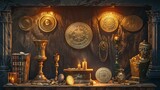 A digital painting of six ancient gold artifacts, including coins, a small statue, and jewelry,