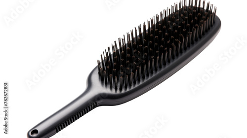 A black brush with black bristles against a clean white backdrop