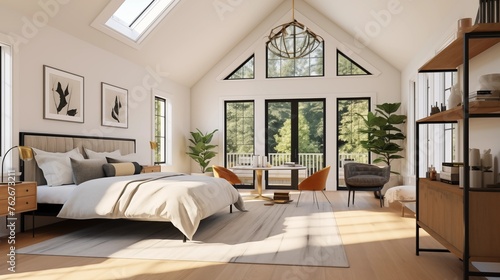 Bedroom with white vaulted ceilings  honey maple floors and bronze iron bed.