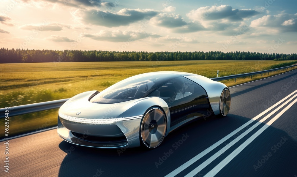 Modern electric concept car, self-charging from solar panels built into the body. Ecological transport concept Modern electric concept car, self-charging from solar panels built into the body. Ecological transport concept
