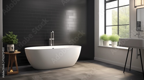 Black matte tile floors with light gray walls and a white freestanding bathtub.