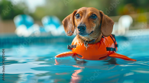 duchshund preto em colete salva-vidas com barbatana de tubarão na piscina