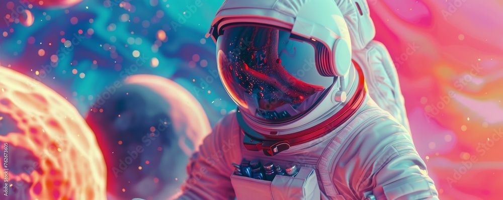 A colorful space scene with a man in a spacesuit