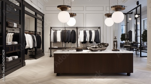 Boutique clothier with crisp white and oil-rubbed bronze fixtures and millwork. photo