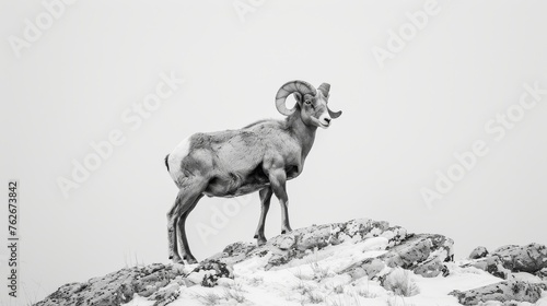 Majestic Bighorn Sheep in Snowy Terrain  Black and White  B W  Illustration. Generative AI. 