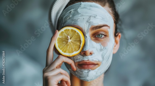 A woman hides her identity behind a white face mask, delicately holding a slice of fresh lemon in her hands photo